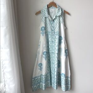 Isla Payal Block Print Sleeveless Dress in Blue White Lined Cotton Boho Size S